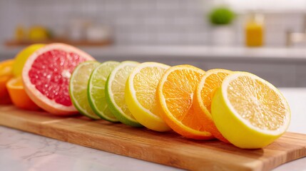 Bright kitchen setup with citrus medley: grapefruit, lime, lemon, orange slices in neat layout