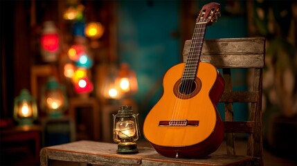 Naklejka premium Acoustic guitar by a wooden stool with lantern lights, evoking a cozy musical vibe