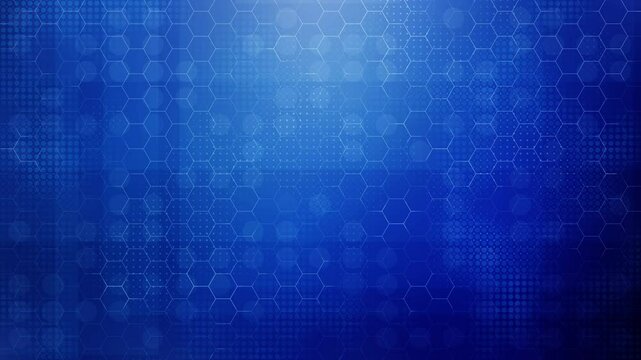 Loopable blue hexagonal grid pattern background with subtle light effects, modern digital honeycomb structure design, dots and slow motion geometric shapes