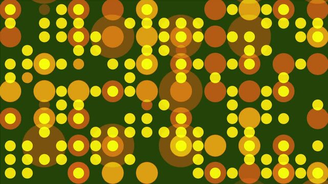 Retro disco lights design pattern with golden yellow and orange circles dancing on dark green background in vintage 1970s nightclub style animation