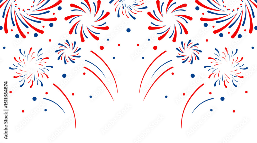Poster Firework vector icons set isolated on transparent background with copy space. Celebrate 4th of July banner. Red, blue, white usa flag color firework border, firecracker frame.