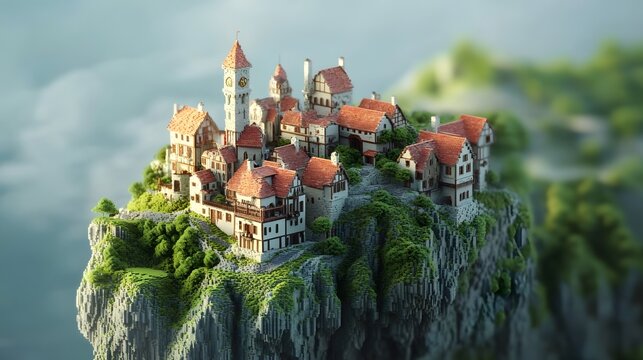 A detailed isometric fantasy village on a cliffside - Powered by Adobe