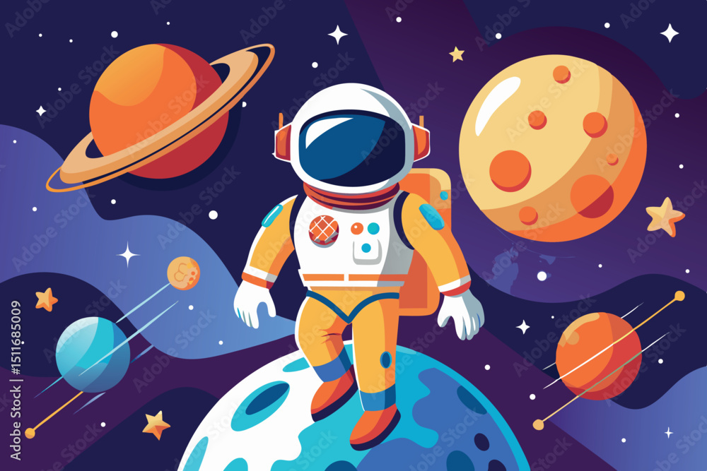 Poster astronaut explores a colorful cosmic landscape with planets and stars in outer space