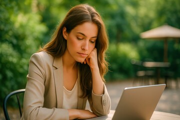 Thoughtful woman sitting at outdoor table with laptop, contemplating work with calm focus