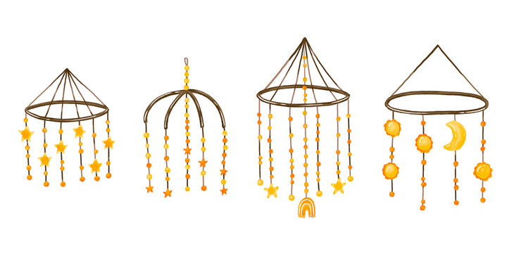 Mobile set for newborn baby bedroom.  Nursery Good night hand drawn watercolor illustration. Sleeping