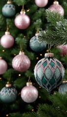 Festive Frosted Christmas Tree With Copper And Green Ornament Baubles, Christmas Background