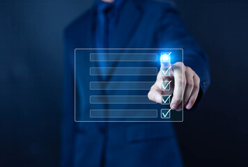 
Businessman checking, Business performance checklist concept, Survey, Checklist check, Fill out...