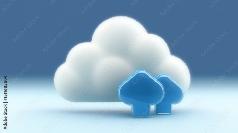 Poster creative illustration of digital cloud with upload symbols, representing data management and storage