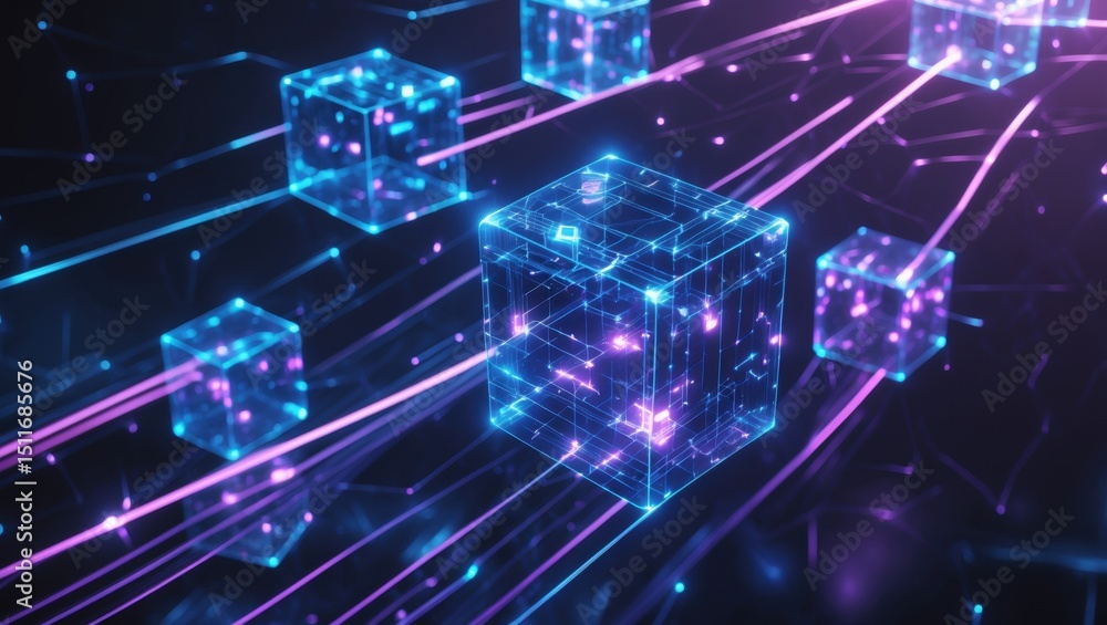 Poster visual representation of futuristic blockchain technology with glowing digital cubes and vibrant lin