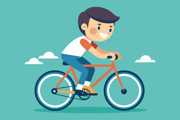Naklejka premium Happy child riding a bicycle on a sunny day in a colorful cartoon style illustration