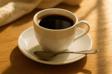 A steaming cup of coffee on a rustic wooden table.