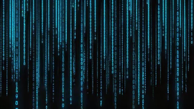 Digital Data Flow Showing Binary Code in Dark Cyber Environment with Blue Light Effects