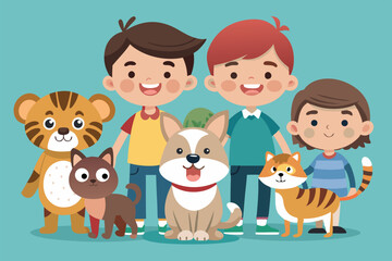 Naklejka premium Kids interacting with cartoon animals in a colorful and cheerful setting during daytime