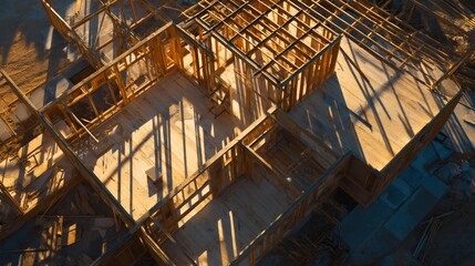 Fototapeta premium Wooden house frame under construction, aerial view at sunset with warm golden light and long shadows. A new home takes shape in the golden hour.