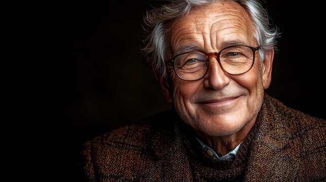 Elderly Man with Glasses and Warm Smile in Cozy Setting
