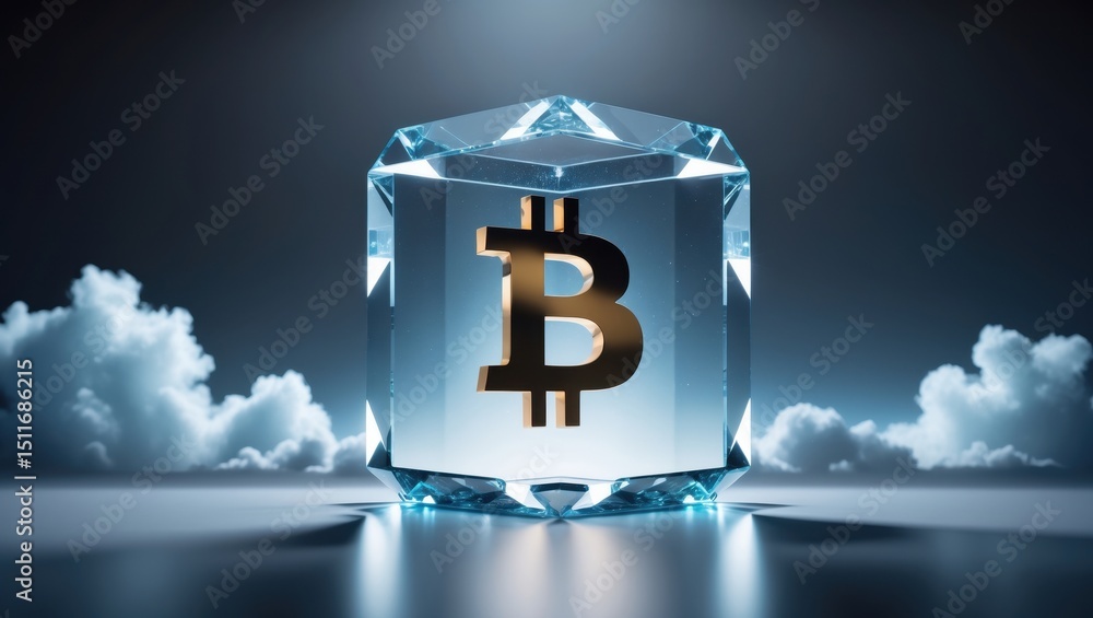 Poster futuristic representation of a bitcoin symbol encased in a crystal block illuminated by soft light