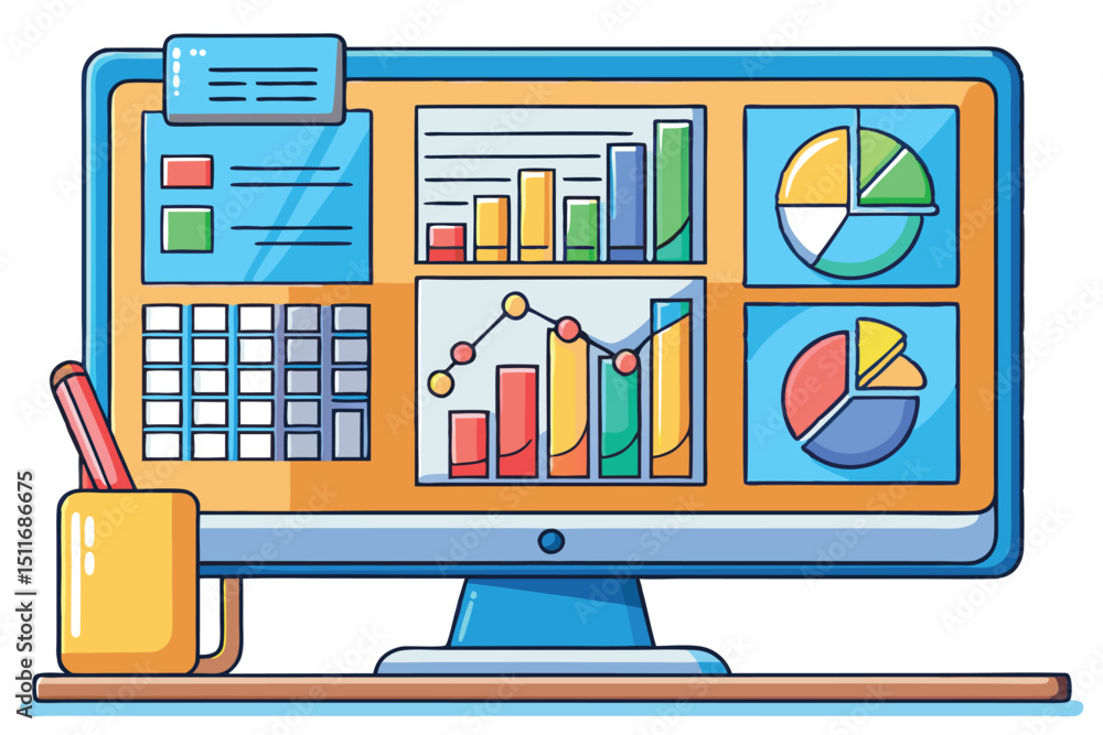 Poster computer monitor displaying colorful charts, graphs, and data analysis tools for business presentati