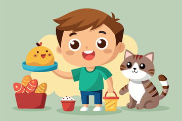 Obraz premium Young boy happily holding a plate of food with a cat nearby in a playful setting