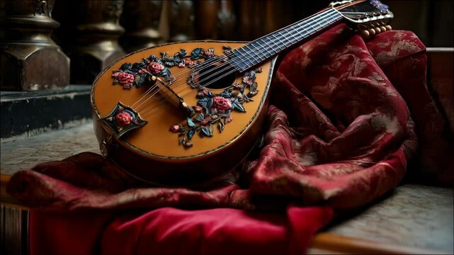 Close up of an ornately decorated vintage lute on a red velvet cloth, showcasing musical instrument and craftsmanship details
