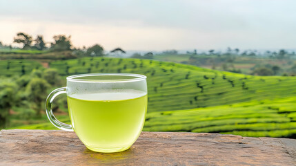 Green Tea In Glass Cup On Tea Plantation Landscape