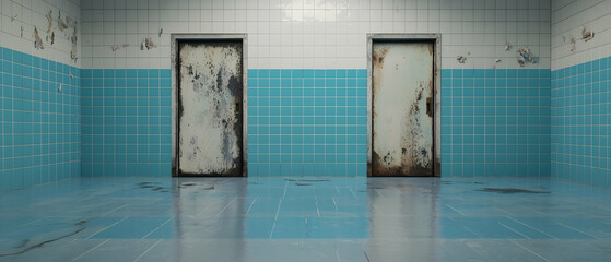 Empty Corridor With Rusty Doors And Blue Tiles