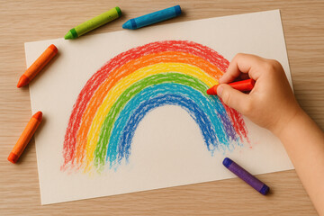 Child's hand drawing a rainbow.