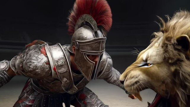 Intense battle between a gladiator and a fierce lion in an ancient arena setting