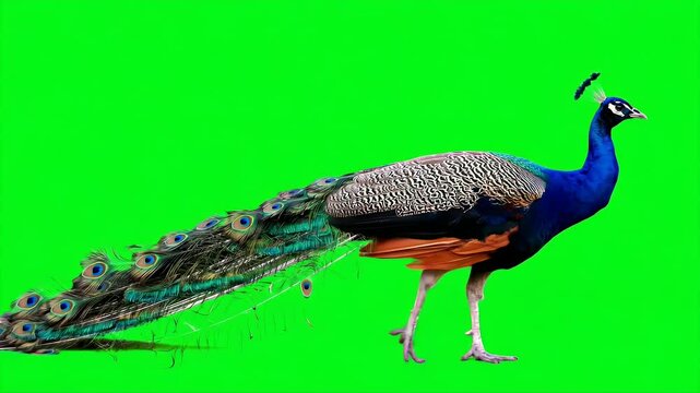 Majestic Peacock Walking on Green Screen Background