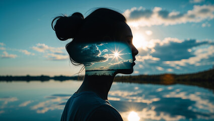 Woman silhouette combining with nature reflecting inner peace and harmony