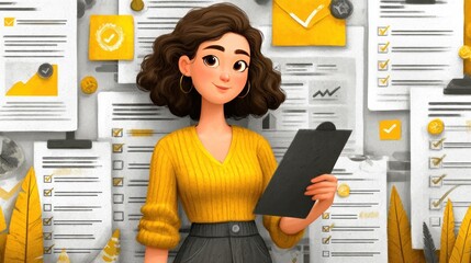 Businesswoman reviewing a digital policy document with checklists, certification icons, and financial details, representing policy management and compliance