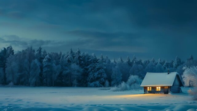 This image depicts a serene winter scene with a warmly lit cabin in a snowcovered forest at dusk, making it perfect for seasonal and naturethemed projects that evoke tranquility