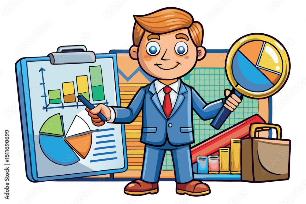 Poster young boy presenting business charts and graphs in a professional setting, showcasing analysis skill