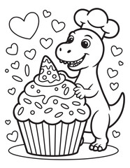 Chef Dinosaur Holding a Giant Cupcake - Coloring page © rasstocker