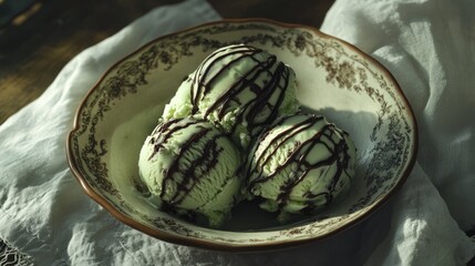 Freshly scooped avocado ice cream with chocolate veins, served on a vintage ceramic plate with rustic tablecloth underneath