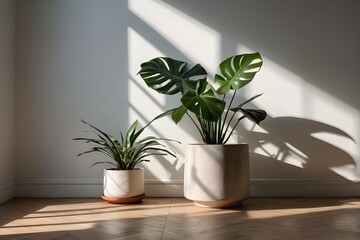 Fototapeta premium Indoor plant in a decorative vase on a wooden floor, enhancing home interior design