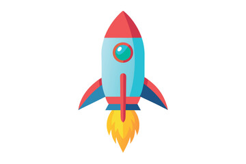 Colorful rocket launching with flames against a white background creating a playful and imaginative atmosphere for children