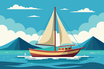 Sailboat gliding across calm waters near mountain range under bright blue sky and fluffy clouds