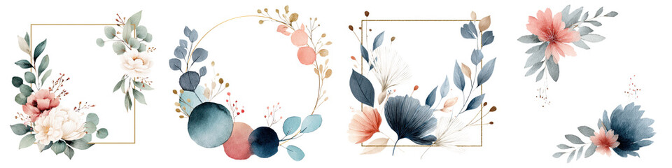 Elegant floral arrangements with delicate pastels and rich blues, showcasing intricate leaves and blossoms for wedding decorations, stationery, and design projects.