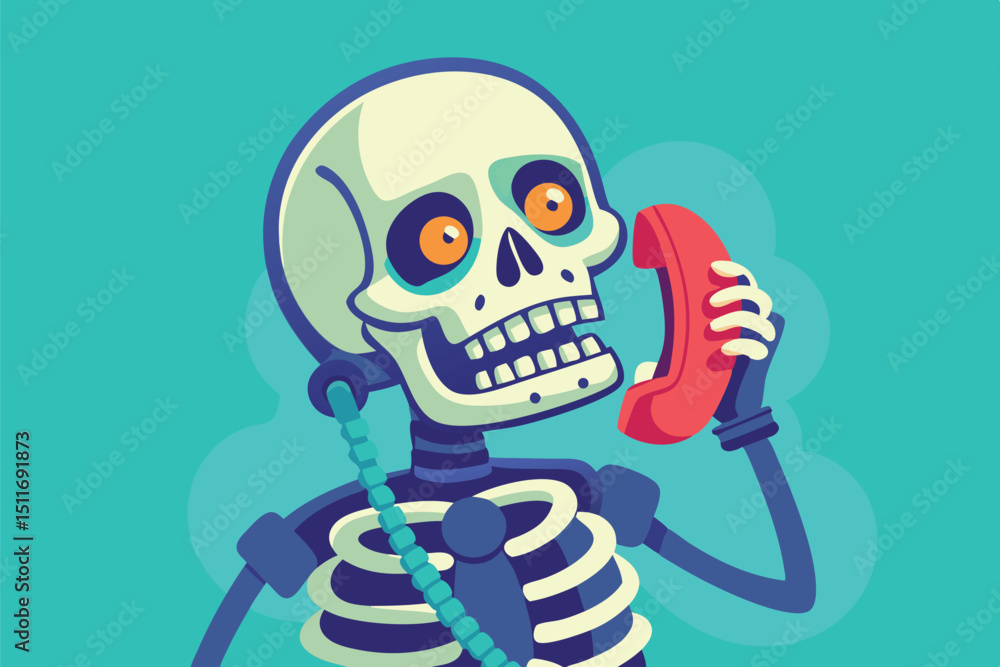 Poster skeleton uses a vintage phone while looking surprised in a colorful setting