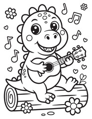 Musical Dinosaur Playing Guitar Outdoors - Coloring Page