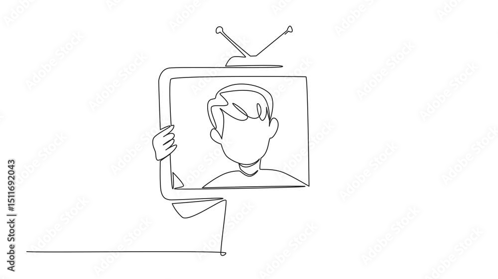 Poster self drawing animation of single line drawing a boy holding an old television made of cardboard. cha
