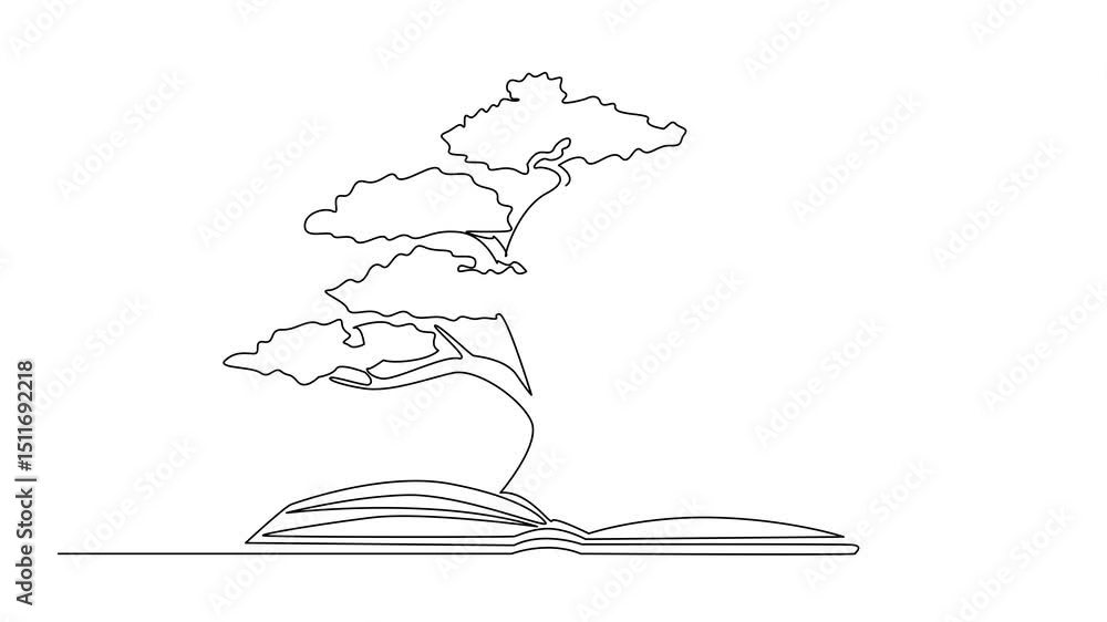 Poster animated self drawing of single continuous line drawing an open book with a large tree in the middle