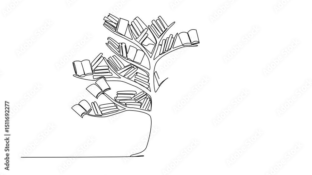 Poster self drawing animation of single one line drawing a tree with branches filled with various books. th
