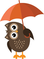 Cute Brown Owl Holds Orange Umbrella