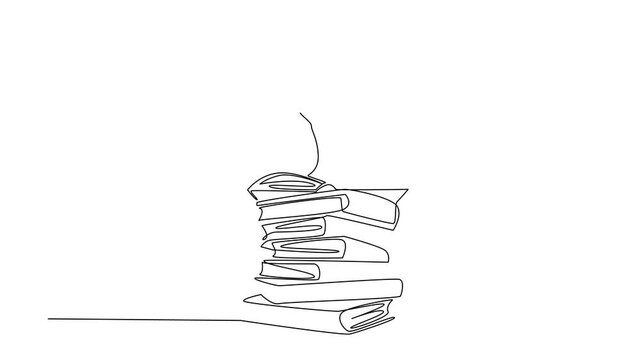 Animation of single line drawing a pile of books and on top of it there is a big tree. Reading the good plant care module. Shady. Book Tree. Continuous line self drawing animated. Full length motion