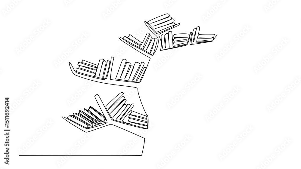 Poster animated self drawing of continuous one line drawing tree shaped bookshelf with several stacks of bo