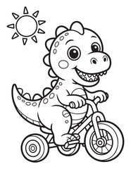 Happy Baby T-Rex Dinosaur Riding a Tricycle in the Sun  Coloring Page