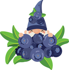 Happy Blueberry Gnome Emerging from a Berry Bush