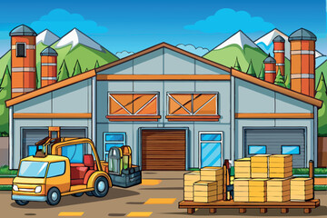 Naklejka premium Industrial warehouse with loading area and mountains in the background during daytime