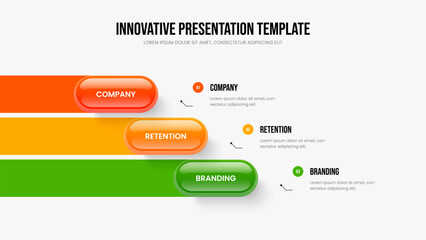 Obraz premium Market Briefing 3 Element Infographic Slide Design. Corporate Overview Three Option Diagram Frame Template. Consulting Visualization Presentation Layout Vector Illustration.